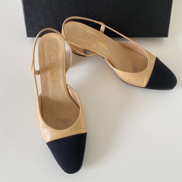 CHANEL Iconic Beige Goatskin & Black Grosgrain Slingbacks - Size 36.5-Authentic - Picture 2 of 16